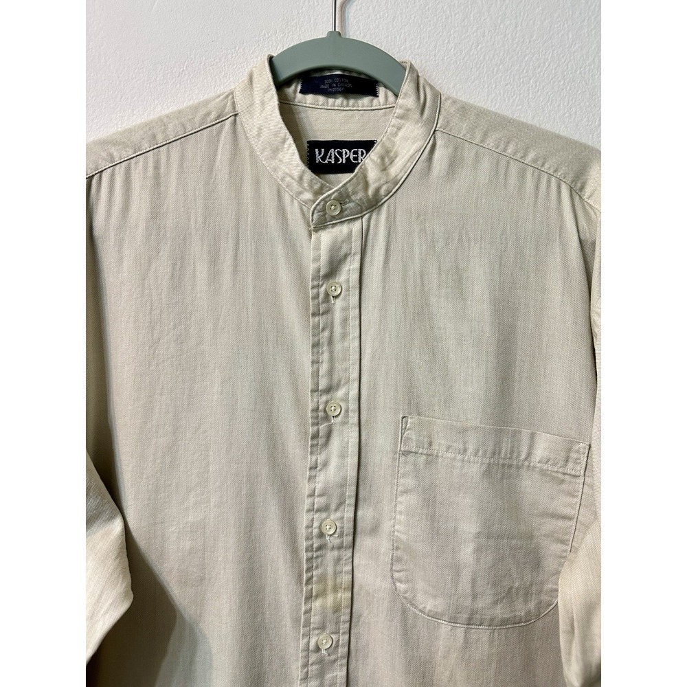 VTG Kasper Mens Band Collar Shirt 15.5 32/33 Beige Cotton Made In Canada Grandad